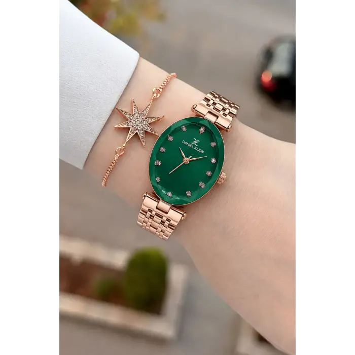 Kadranı Yeşil Kordonu Rose Renk Hediye Paketli 24 Mm Kadın Kol Saati ve Bileklik