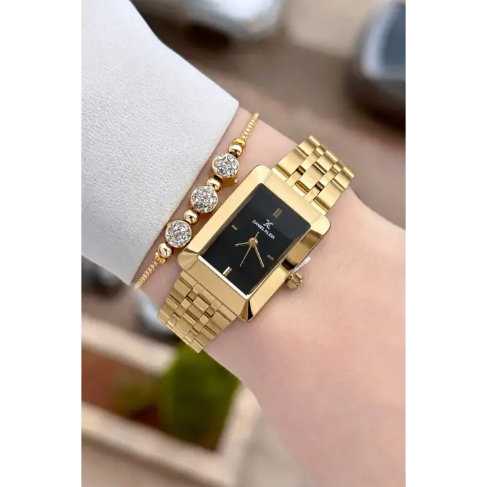 Kadranı Siyah Kodronu Gold Renk Hediye Paketli 22 Mm Kadın Kol Saati ve Bileklik ve Bileklik