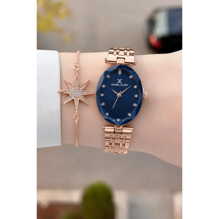 Kadranı Lacivert Kordonu Rose Renk Hediye Paketli 24 Mm Kadın Kol Saati ve Bileklik