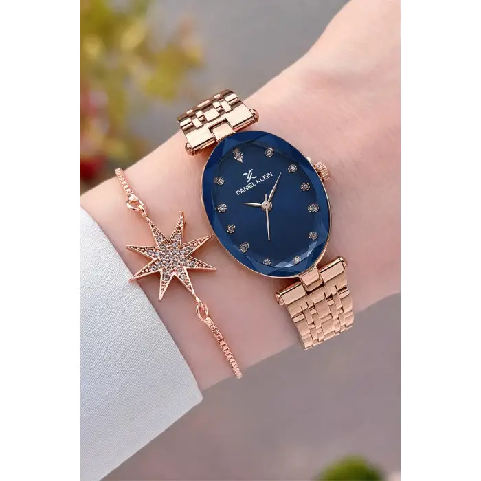 Kadranı Lacivert Kordonu Rose Renk Hediye Paketli 24 Mm Kadın Kol Saati ve Bileklik