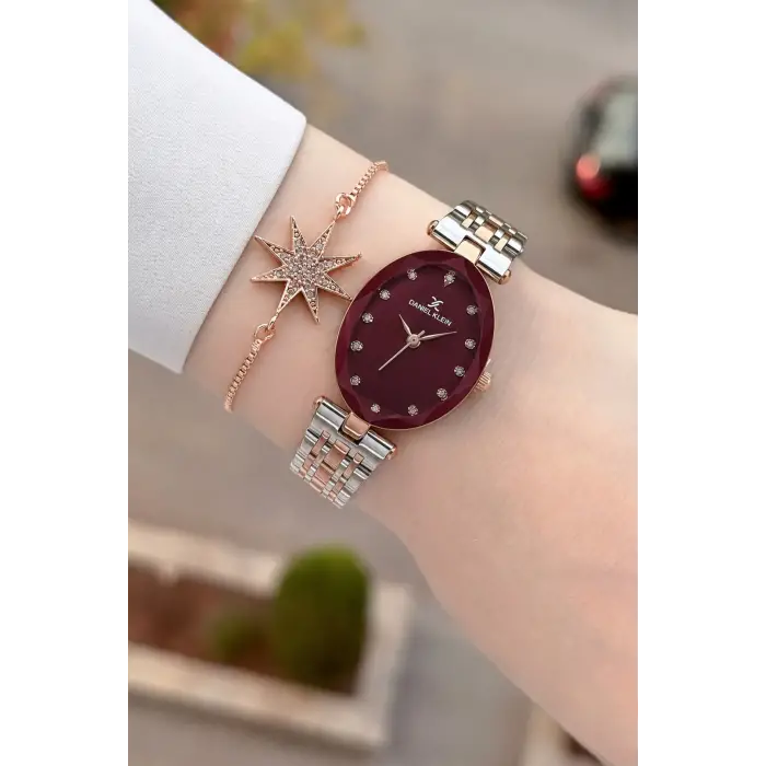Kadranı Bordo Kordonu Rose Gümüş Renk Hediye Paketli 24 Mm Kadın Kol Saati ve Bileklik