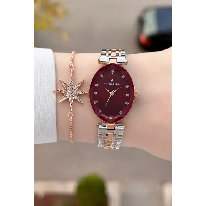 Kadranı Bordo Kordonu Rose Gümüş Renk Hediye Paketli 24 Mm Kadın Kol Saati ve Bileklik