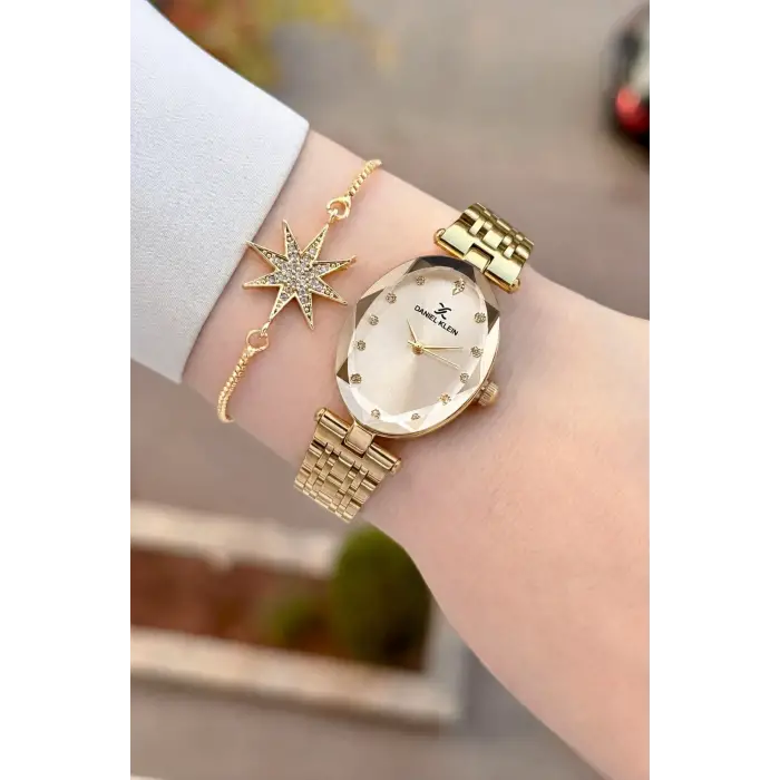 Kadranı Sarı Kordonu Gold Renk Hediye Paketli 24 Mm Kadın Kol Saati ve Bileklik