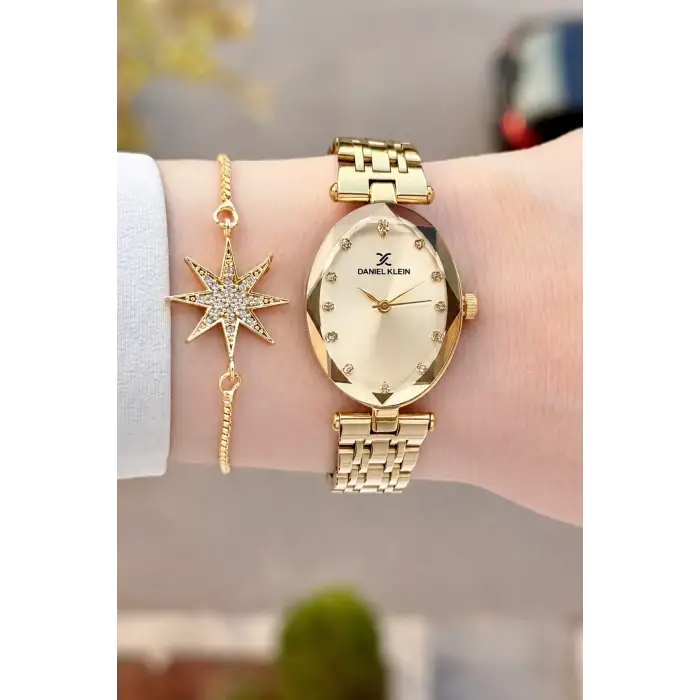 Kadranı Sarı Kordonu Gold Renk Hediye Paketli 24 Mm Kadın Kol Saati ve Bileklik
