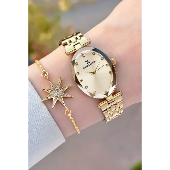 Kadranı Sarı Kordonu Gold Renk Hediye Paketli 24 Mm Kadın Kol Saati ve Bileklik