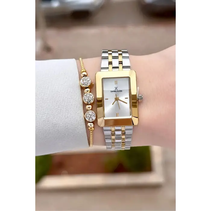 Gold Gümüş Renk Hediye Paketli 22 Mm Kadın Kol Saati ve Bileklik ve Bileklik