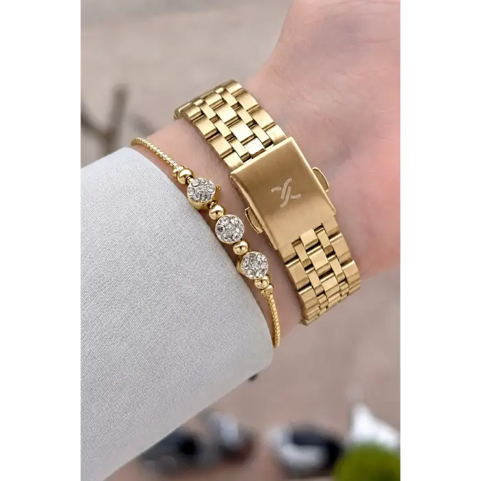 Gold Renk Hediye Paketli 22 Mm Kadın Kol Saati ve Bileklik ve Bileklik
