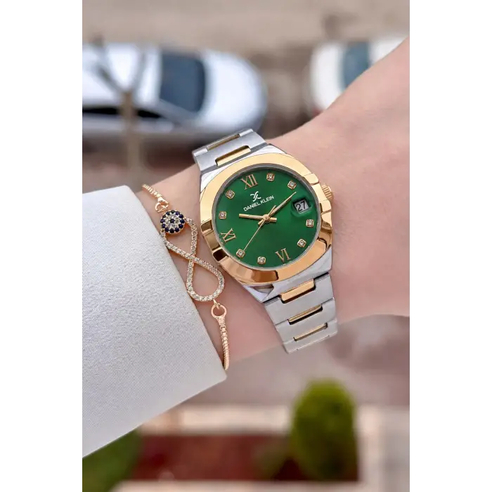 Kadranı Yeşil Kordonu Rose Gümüş Renk 30 Mm Kadın Kol Saati ve Bileklik