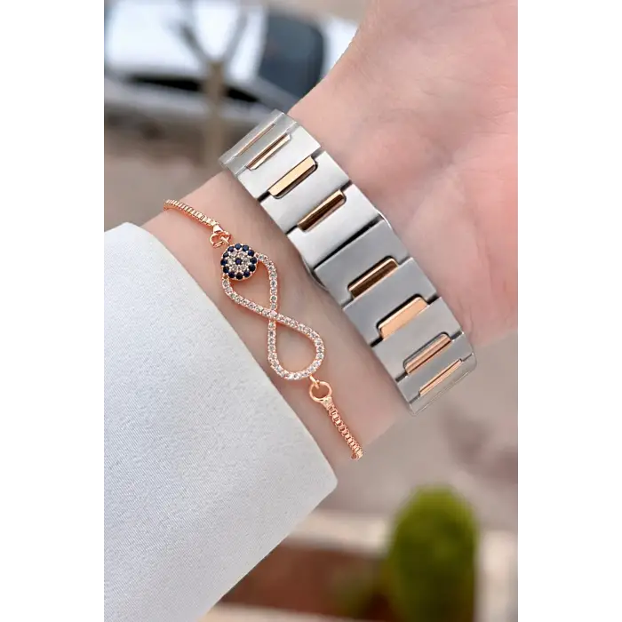 Kadranı Yeşil Kordonu Rose Gümüş Renk 30 Mm Kadın Kol Saati ve Bileklik
