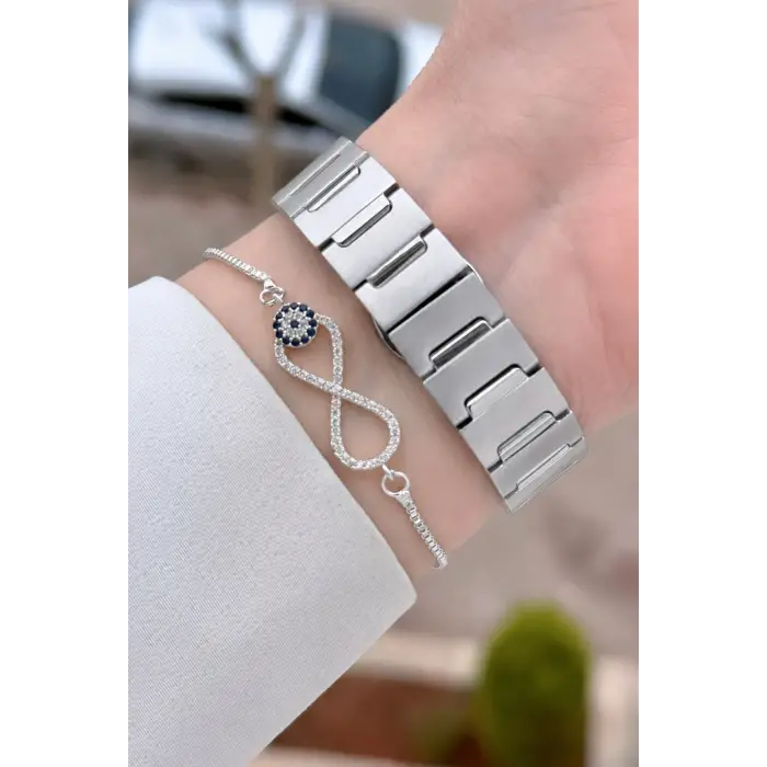 Gümüş Renk 30 Mm Kadın Kol Saati ve Bileklik