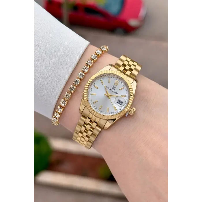 Gold Renk 28 Mm Hediye Paketli Kadın Kol Saati ve Bileklik