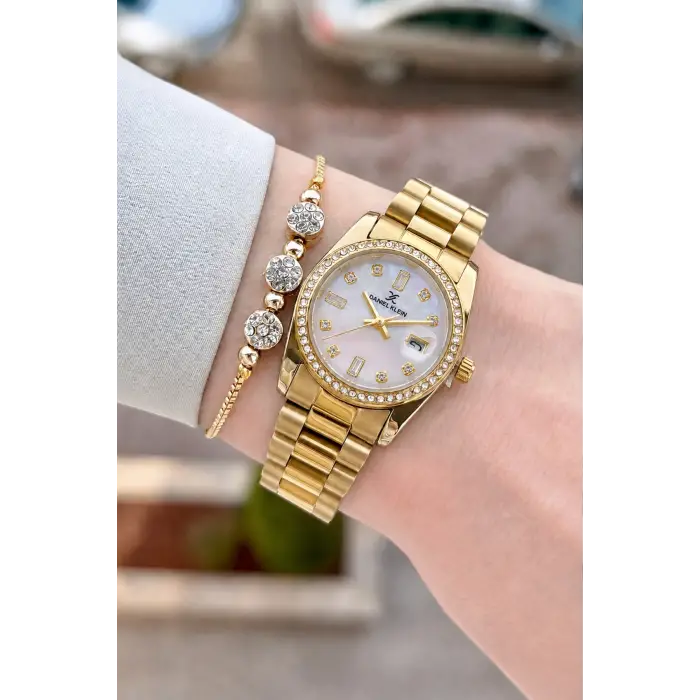 Gold Renk 28 Mm Kadın Kol Saati ve Bileklik