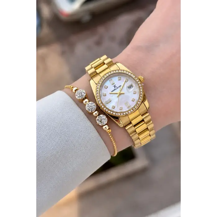 Gold Renk 28 Mm Kadın Kol Saati ve Bileklik