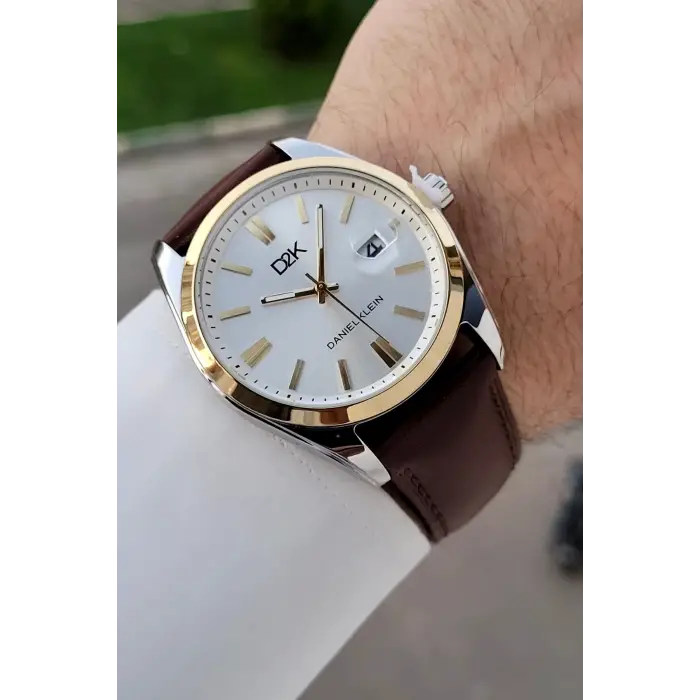 Kasası Gümüş Gold Kordonu Kahverengi Renk 42 Mm Takvimli Hediye Paketli Erkek Kol Saati