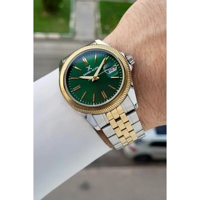 Kadranı Yeşil Kordonu Gold Gümüş Renk 41 Mm 5 ATM Takvimli Hediye Paketli Erkek Kol Saati