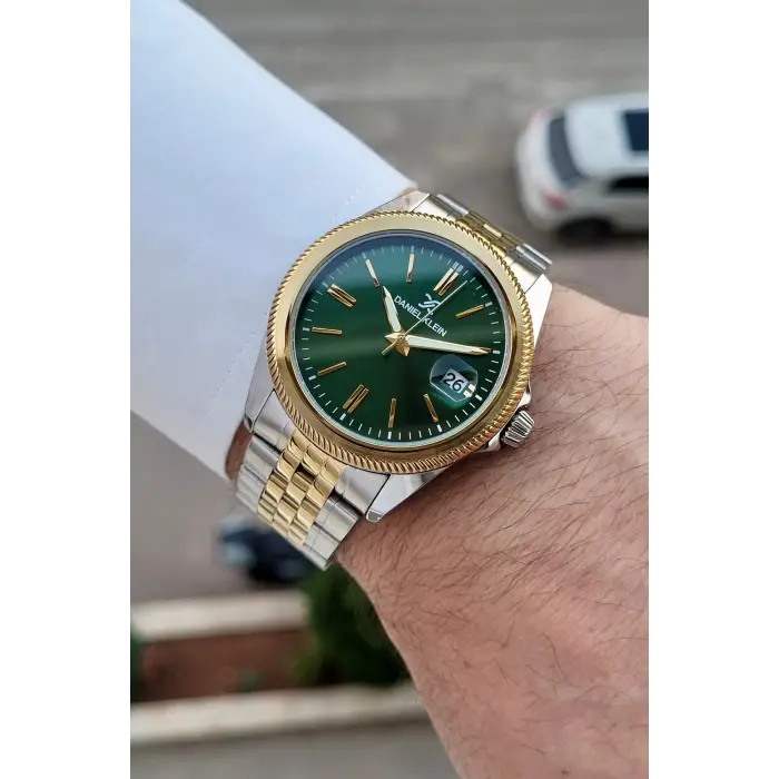 Kadranı Yeşil Kordonu Gold Gümüş Renk 41 Mm 5 ATM Takvimli Hediye Paketli Erkek Kol Saati