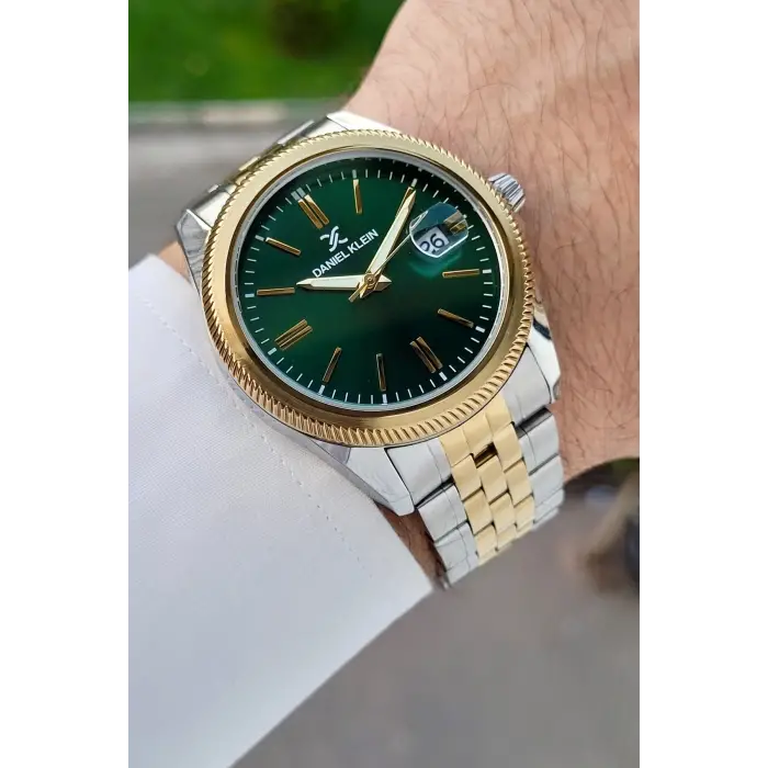 Kadranı Yeşil Kordonu Gold Gümüş Renk 41 Mm 5 ATM Takvimli Hediye Paketli Erkek Kol Saati