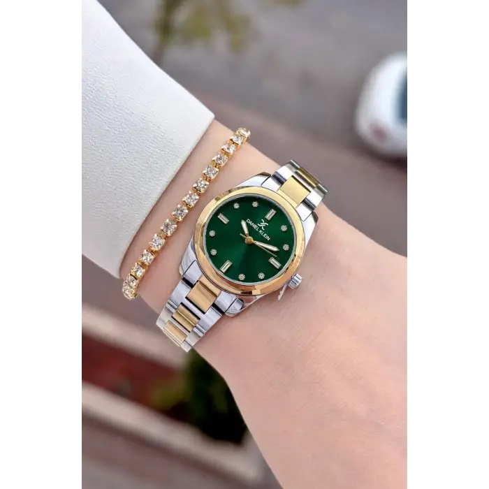 Kadranı Yeşil Kordonu Gold Gümüş Renk Hediye Paketli Kadın Kol Saati ve Bileklik
