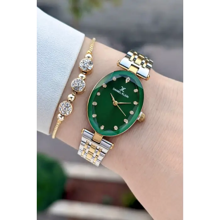Kadranı Yeşil Kordonu Gold Gümüş Renk Kadın Kol Saati Ve Bileklik