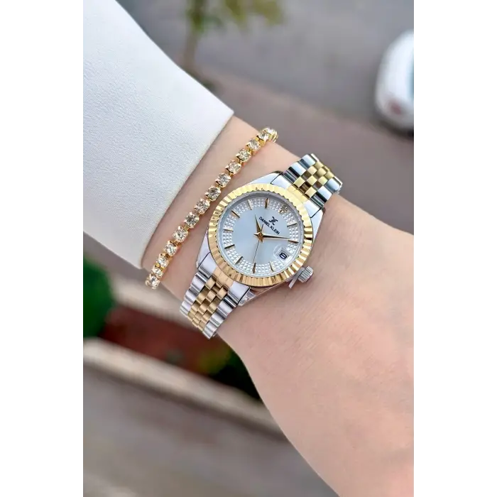 Gold Gümüş Renk 28 Mm Hediye Paketli Kadın Kol Saati