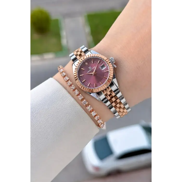 Kadranı Bordo Kordonu Rose Gümüş Renk 28 Mm Hediye Paketli Kadın Kol Saati