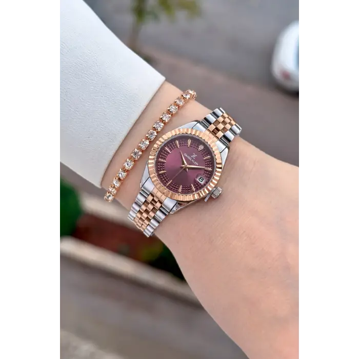 Kadranı Bordo Kordonu Rose Gümüş Renk 28 Mm Hediye Paketli Kadın Kol Saati
