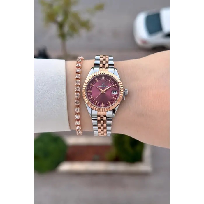Kadranı Bordo Kordonu Rose Gümüş Renk 28 Mm Hediye Paketli Kadın Kol Saati