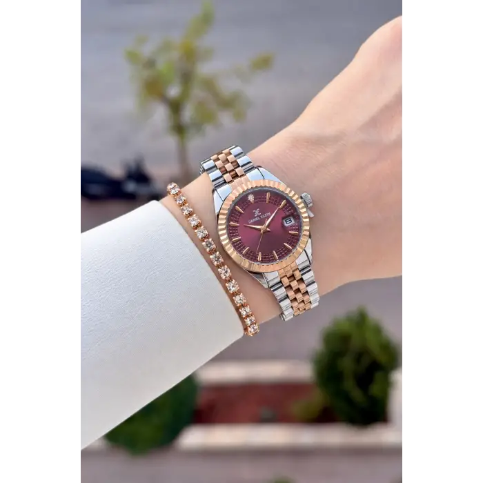 Kadranı Bordo Kordonu Rose Gümüş Renk 28 Mm Hediye Paketli Kadın Kol Saati