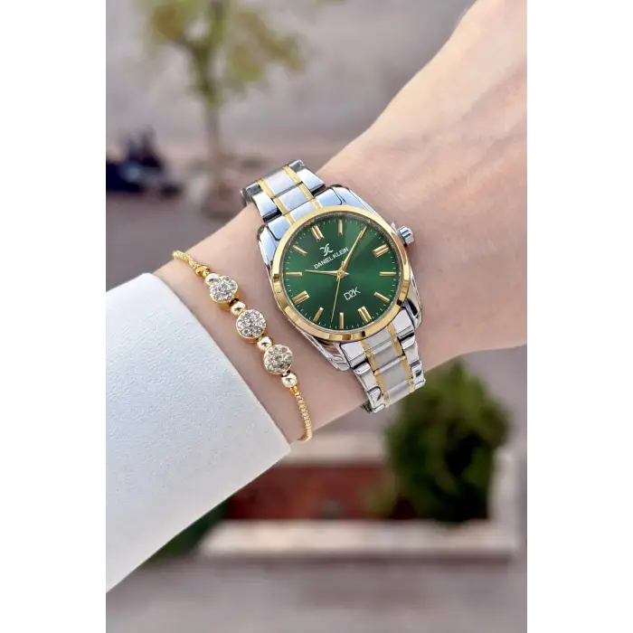 Kadranı Yeşil Kordonu Gold Gümüş Renk 30 Mm Hediye Paketli Kadın Kol Saati