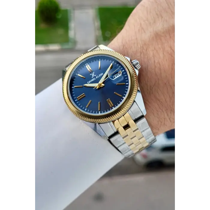 Kadranı Lacivert Kordonu Gold Gümüş Renk 41 Mm 5 ATM Takvimli Hediye Paketli Erkek Kol Saati