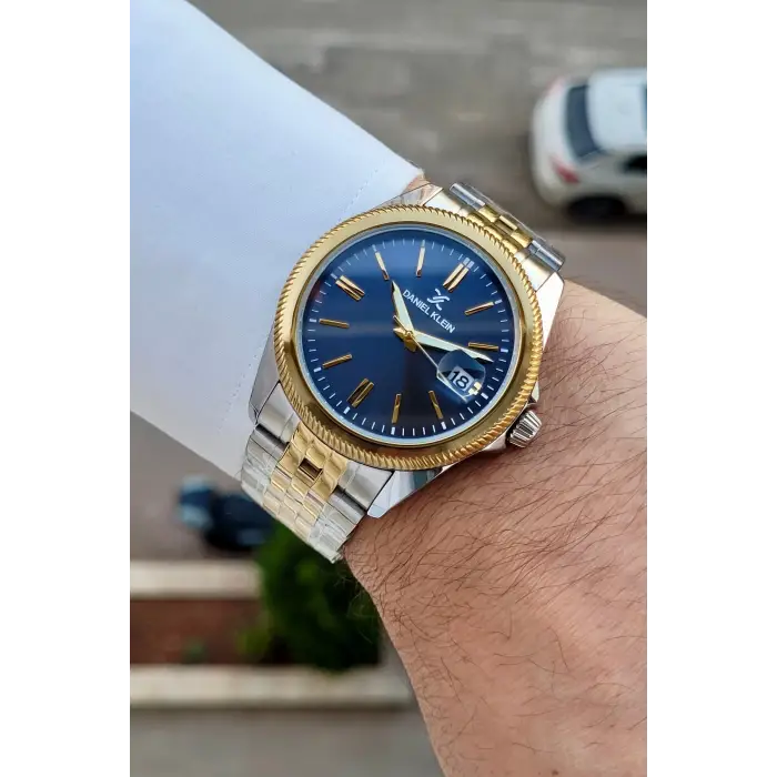 Kadranı Lacivert Kordonu Gold Gümüş Renk 41 Mm 5 ATM Takvimli Hediye Paketli Erkek Kol Saati