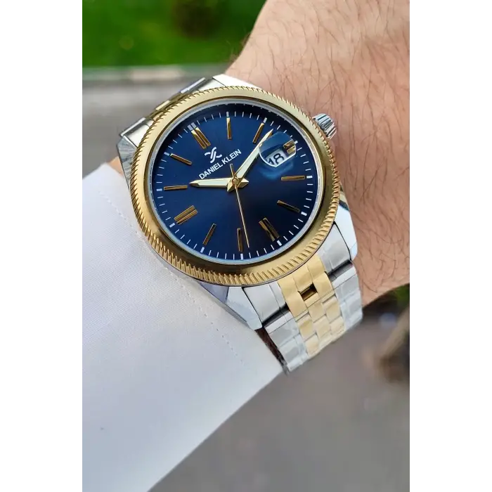 Kadranı Lacivert Kordonu Gold Gümüş Renk 41 Mm 5 ATM Takvimli Hediye Paketli Erkek Kol Saati