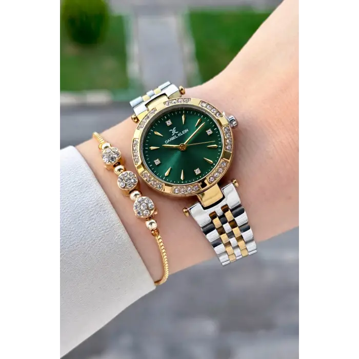 Kadranı Yeşil Kordonu Gold Gümüş Renk 30 Mm Crystal Cam Hediye Paketli Kadın Kol Saati