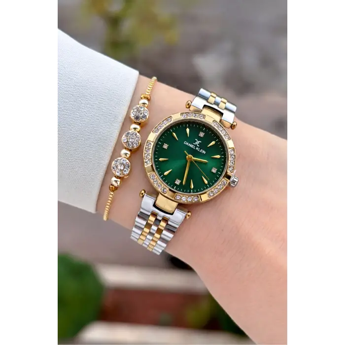 Kadranı Yeşil Kordonu Gold Gümüş Renk 30 Mm Crystal Cam Hediye Paketli Kadın Kol Saati
