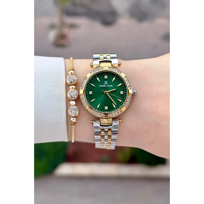 Kadranı Yeşil Kordonu Gold Gümüş Renk 30 Mm Crystal Cam Hediye Paketli Kadın Kol Saati