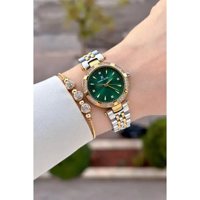Kadranı Yeşil Kordonu Gold Gümüş Renk 30 Mm Crystal Cam Hediye Paketli Kadın Kol Saati