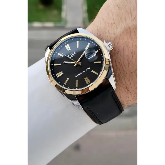 Kasası Gümüş Gold Kordonu Siyah Renk 42 Mm Takvimli Hediye Paketli Erkek Kol Saati