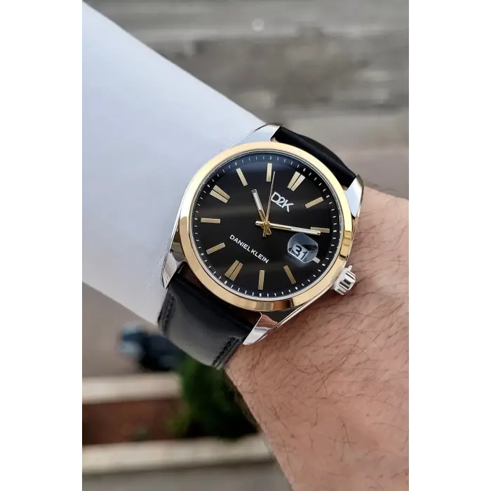 Kasası Gümüş Gold Kordonu Siyah Renk 42 Mm Takvimli Hediye Paketli Erkek Kol Saati
