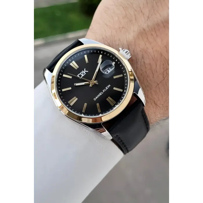 Kasası Gümüş Gold Kordonu Siyah Renk 42 Mm Takvimli Hediye Paketli Erkek Kol Saati