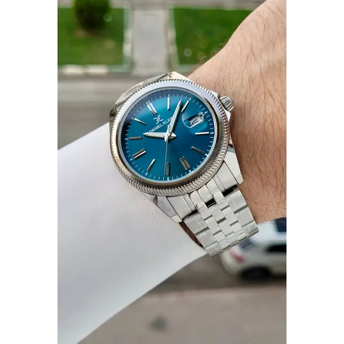 Kadranı Mavi Kordonu Gümüş Renk 41 Mm 5 ATM Takvimli Hediye Paketli Erkek Kol Saati