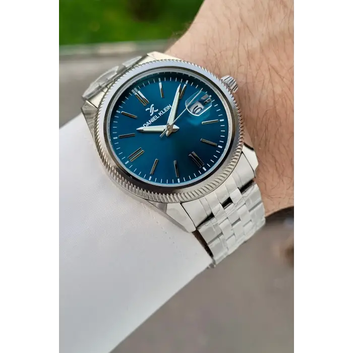 Kadranı Mavi Kordonu Gümüş Renk 41 Mm 5 ATM Takvimli Hediye Paketli Erkek Kol Saati