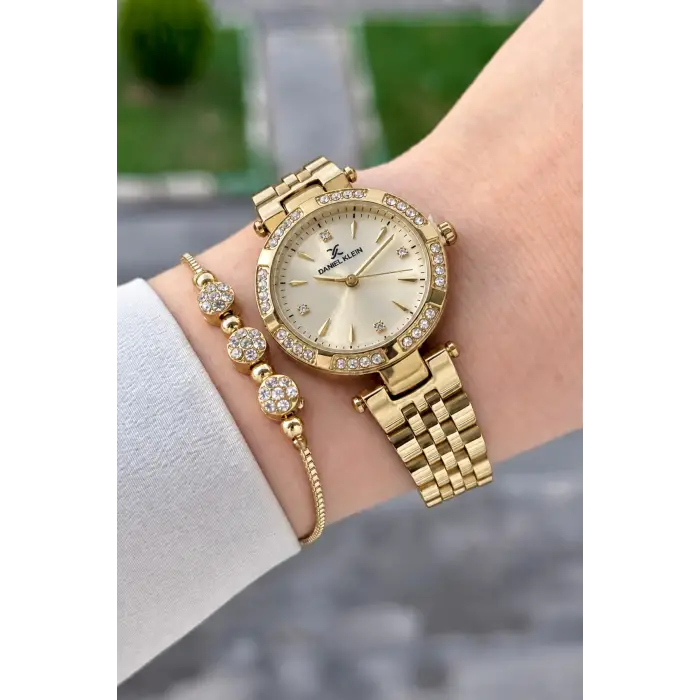 Kadranı Sarı Kordonu Gold Renk 30 Mm Crystal Cam Hediye Paketli Kadın Kol Saati