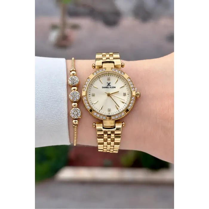 Kadranı Sarı Kordonu Gold Renk 30 Mm Crystal Cam Hediye Paketli Kadın Kol Saati
