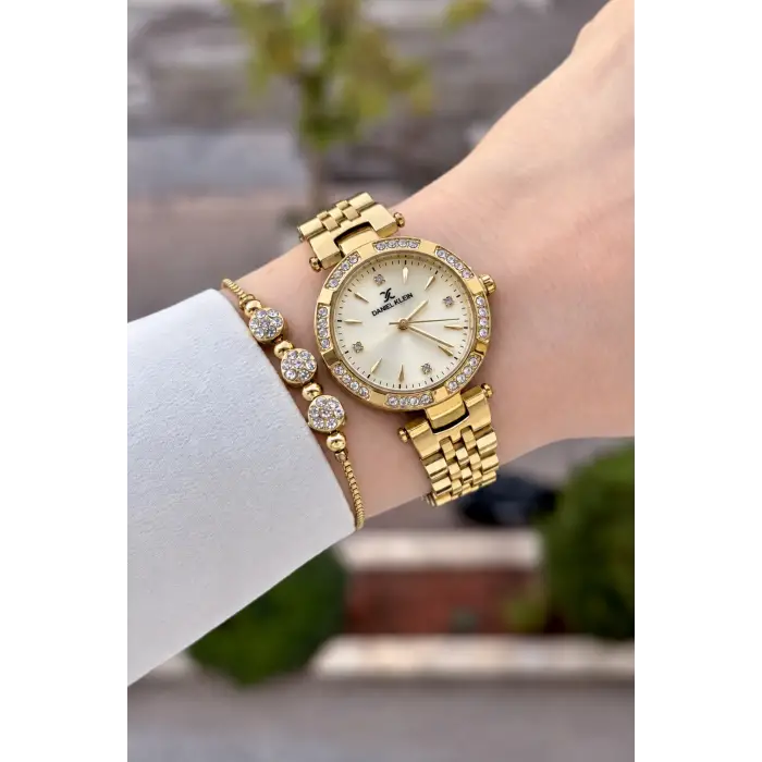 Kadranı Sarı Kordonu Gold Renk 30 Mm Crystal Cam Hediye Paketli Kadın Kol Saati