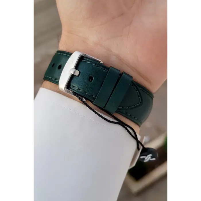 Kasası Gümüş Kordonu Yeşil Renk 42 Mm Takvimli Hediye Paketli Erkek Kol Saati