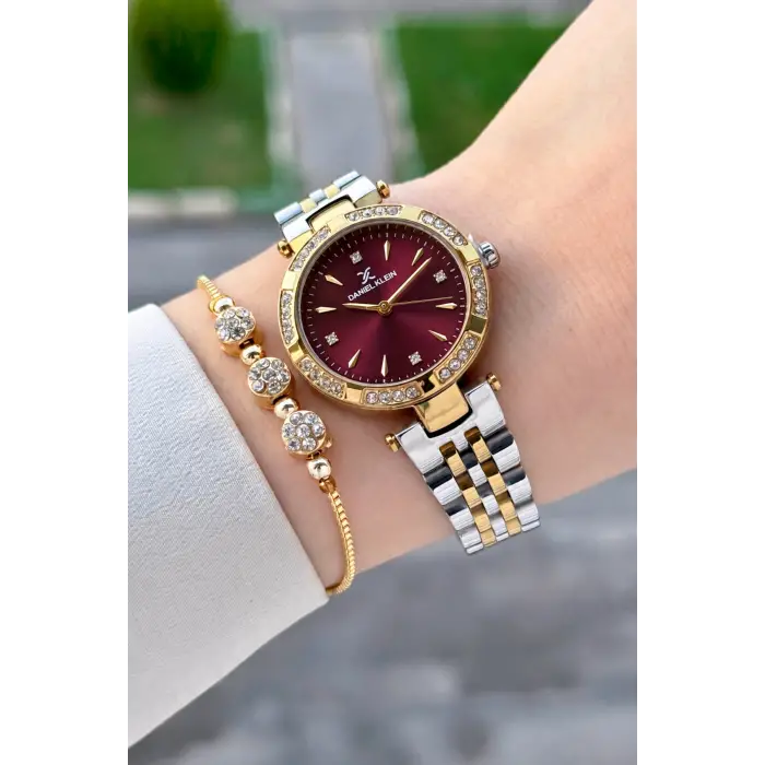 Kadranı Bordo Kordonu Gold Gümüş Renk 30 Mm Crystal Cam Hediye Paketli Kadın Kol Saati