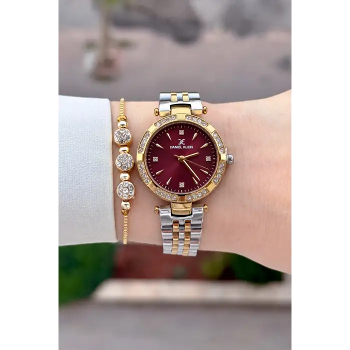 Kadranı Bordo Kordonu Gold Gümüş Renk 30 Mm Crystal Cam Hediye Paketli Kadın Kol Saati
