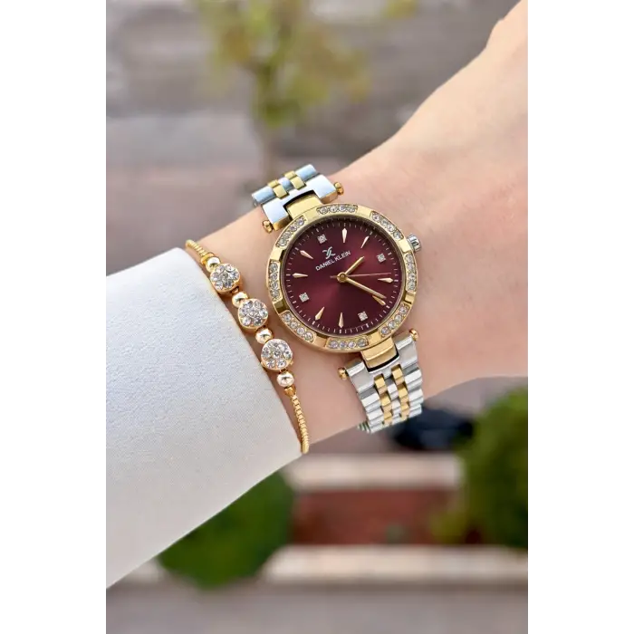 Kadranı Bordo Kordonu Gold Gümüş Renk 30 Mm Crystal Cam Hediye Paketli Kadın Kol Saati