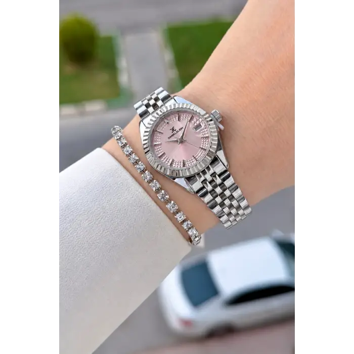 Kadranı Pembe Kordonu Gümüş Renk 28 Mm Hediye Paketli Kadın Kol Saati