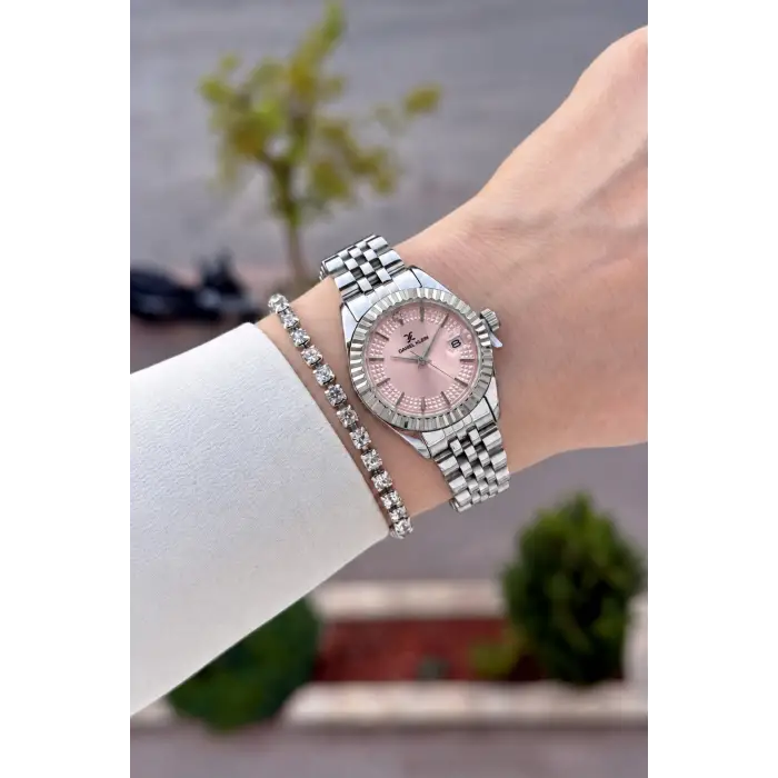 Kadranı Pembe Kordonu Gümüş Renk 28 Mm Hediye Paketli Kadın Kol Saati